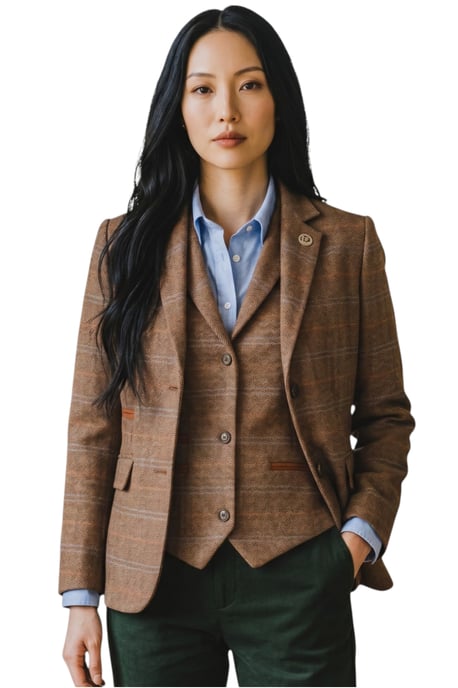 Dames eikenbruine 2-delige geruite formele tweed blazer en vestset - TPSTZ-7 - Image 1