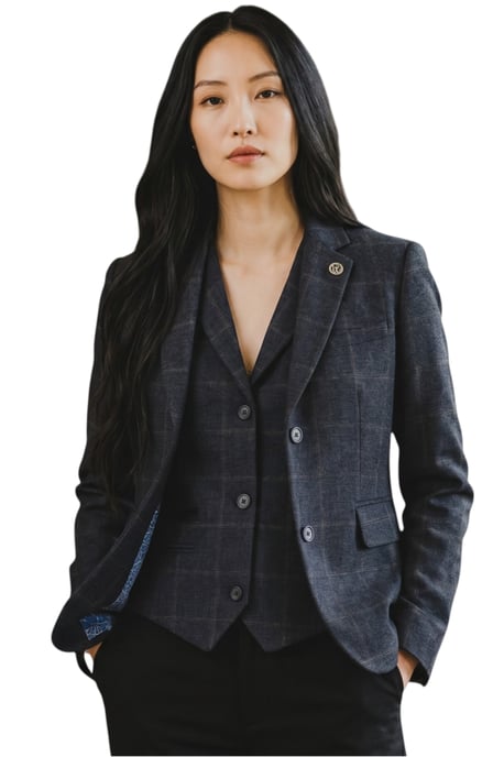 Dames marineblauw 2-delig geruit formele tweed blazer en gilet - TPSTZ-7 - Image 1