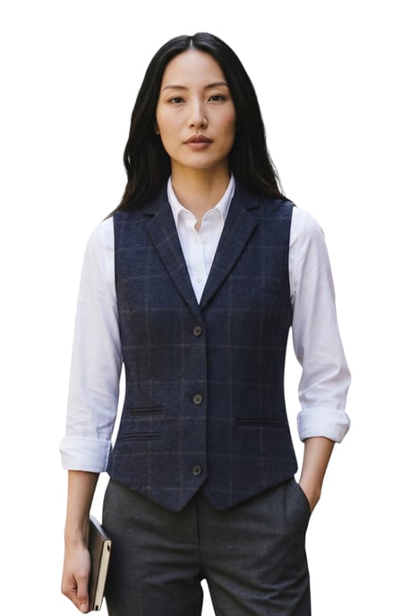 Dames marineblauw 2-delig geruit formele tweed blazer en gilet - TPSTZ-7 - Image 5