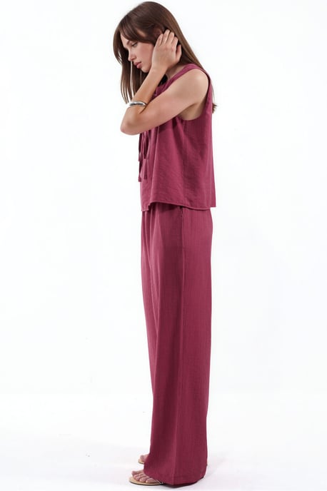 Viscose-blend blouse met strikdetail en elastische taillebroek set - Image 2