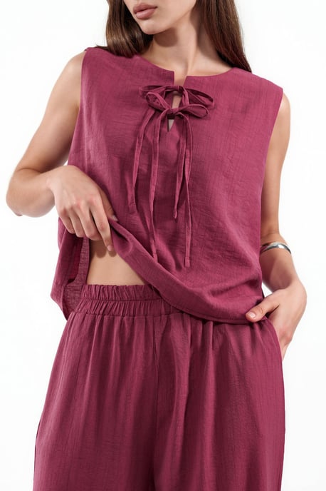 Viscose-blend blouse met strikdetail en elastische taillebroek set - Image 4