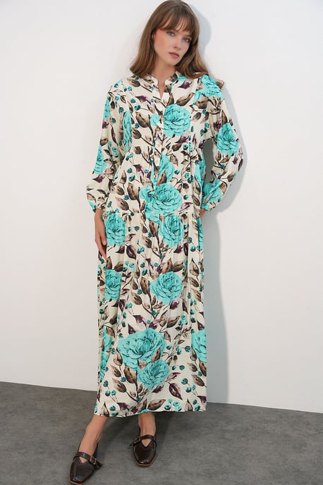 Bloemen Maxi Jurk Met Mandarin Kraag - Image 1