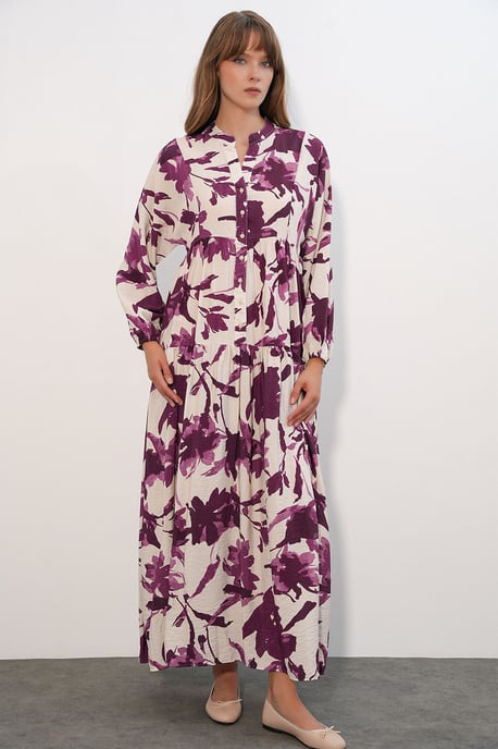 Floral Maxi Jurk Met Mandarijnkragen - Image 1