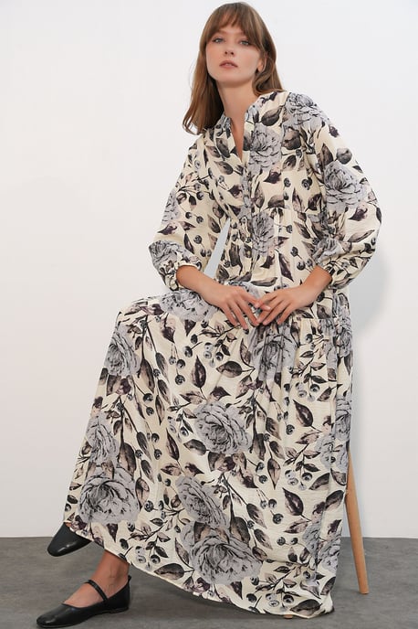 Bloemen Maxi Jurk Met Mandarin Kraag - Image 3
