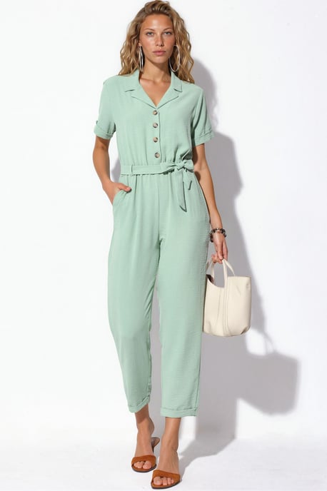 Effen Geweven Jumpsuit met Kraag en Strikdetail - Image 1