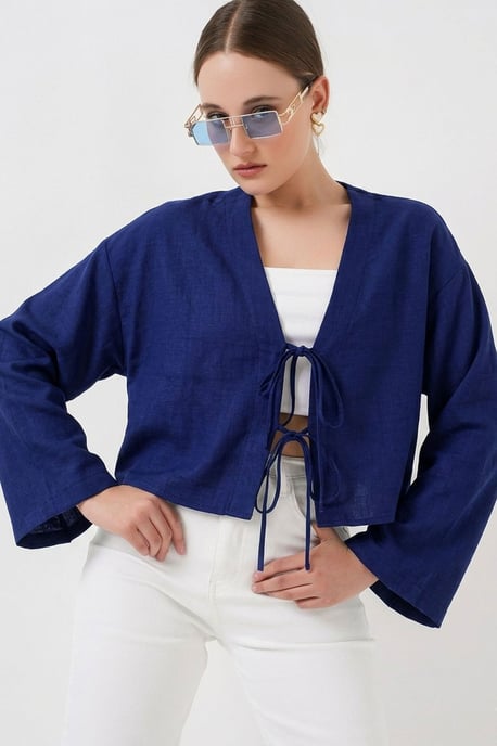 Viscose Blend V-Hals Lange Mouw Kimono met Binding Detail - Image 1