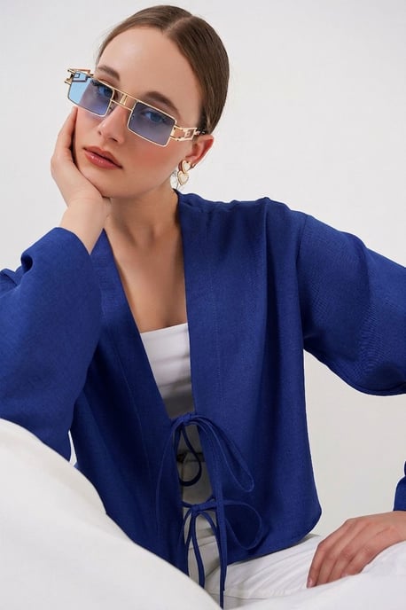 Viscose Blend V-Hals Lange Mouw Kimono met Binding Detail - Image 2