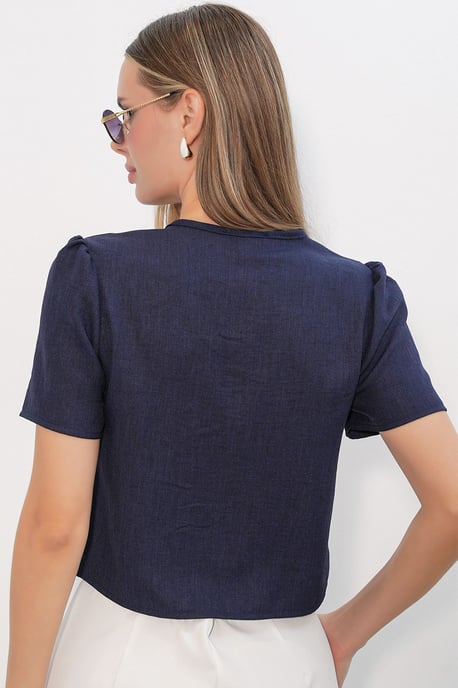 Gestructureerde V-hals Linnenmix Croptop - Image 6