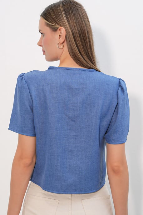Gestructureerde V-hals Linnenmix Croptop - Image 6