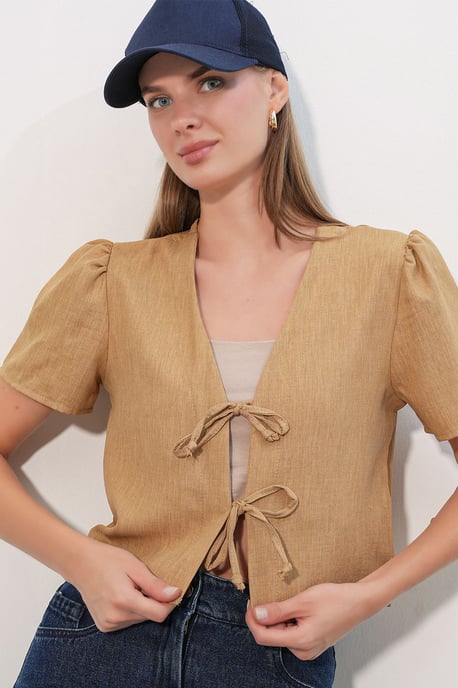 Gestructureerde V-hals Linnenmix Croptop - Image 1