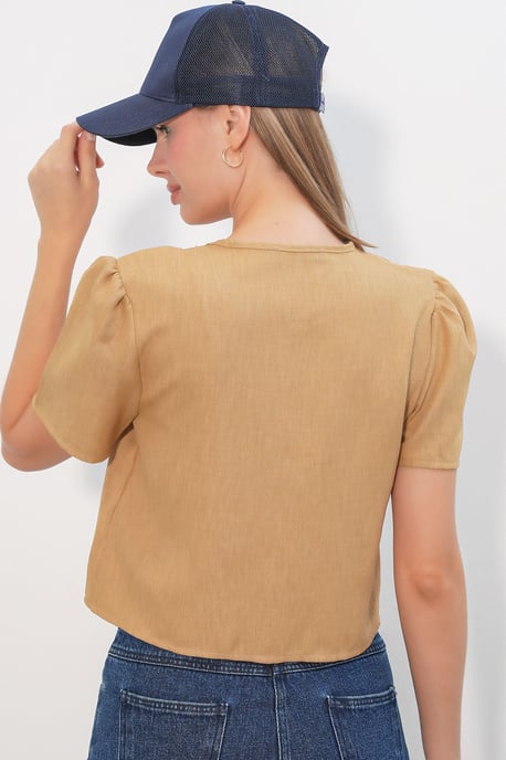 Gestructureerde V-hals Linnenmix Croptop - Image 6