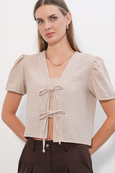 Gestructureerde V-hals Linnenmix Croptop - Image 4