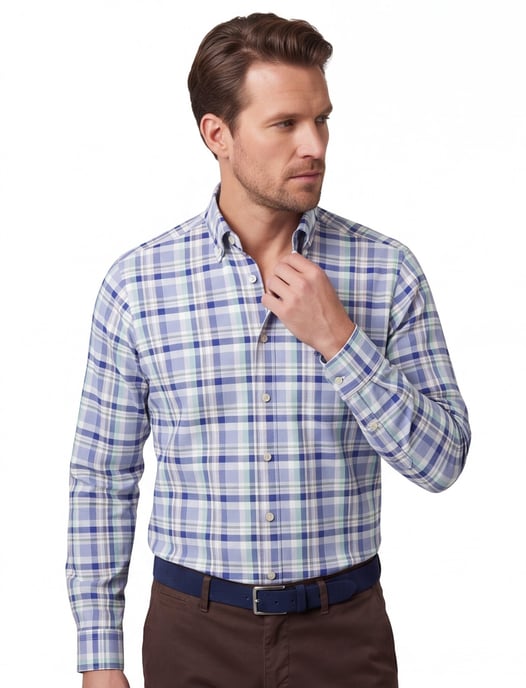 Overhemd geruit Fynch Hatton blauw met borstzak - Image 1