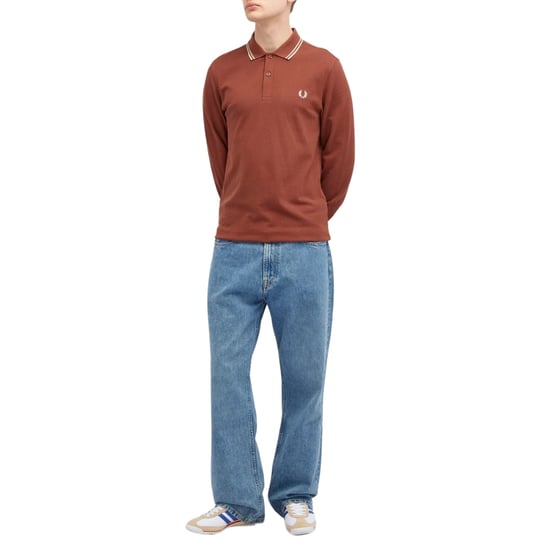 Fred Perry Zwarte Polo Met Dubbele Kraag En Lange Mouwen In Whiskybruine Kleur - Image 5