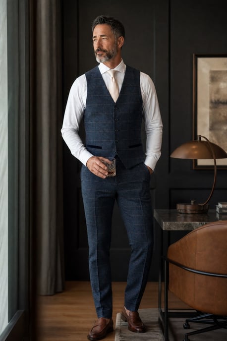 Marineblauwe tweed gilet voor heren met visgraatmotief - Harris - Image 3