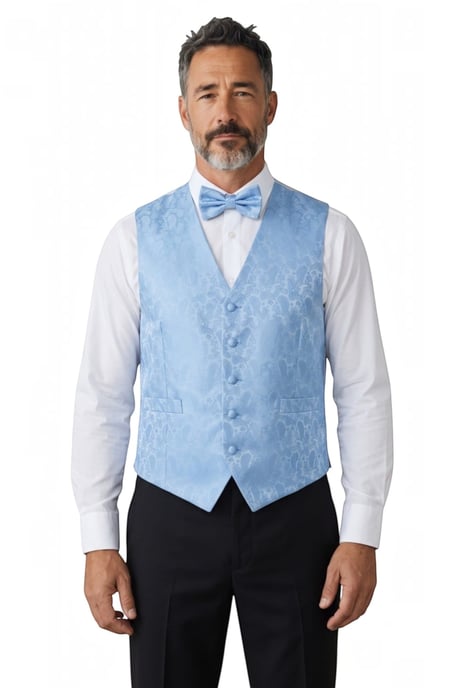 Heren driedelige set met vest, vlinderdas en zakdoek in lichtblauw paisleyprint - Robert - Image 1