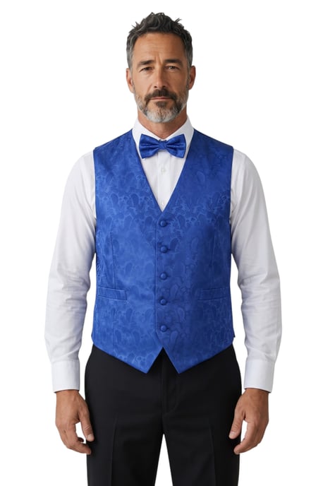 Herenset bestaande uit een blauw paisley bloemenpatroon, bestaande uit een driedelig vest, vlinderdas en zakdoek - Robert - Image 1