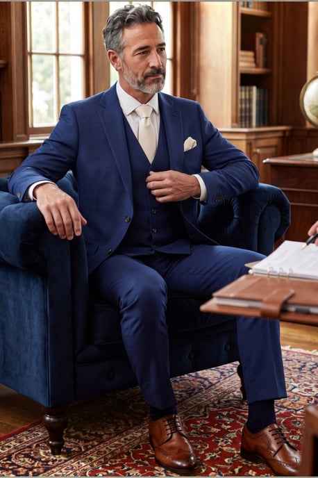 Marineblauw driedelig formeel pak met getailleerde pasvorm voor heren - Belmont - Image 3