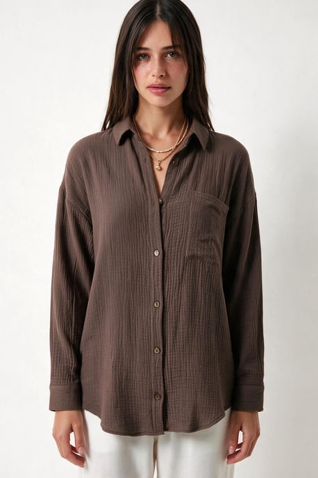 Overgrote Geweven Katoenen Shirt met Zak - Image 5