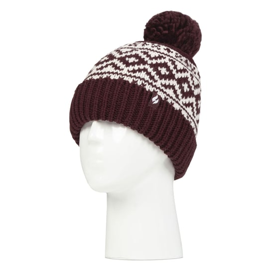 Dames Geprinte Omgeslagen Bobble Muts | Heat Holders | Chunky Kabelbrei met Heatweaver Fleece Voering | Billingen Stijl - Wijn - Image 3
