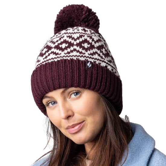 Dames Geprinte Omgeslagen Bobble Muts | Heat Holders | Chunky Kabelbrei met Heatweaver Fleece Voering | Billingen Stijl - Wijn - Image 4