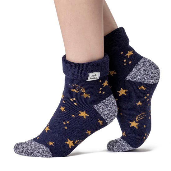 Dames Cosy Sokken met Omgeslagen Boord | Heat Holders | Warme Fluffige Lounge Sokken voor de Winter - Marineblauw/Gouden Sterren - Image 3