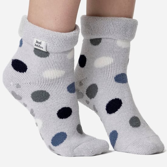 Dames Cosy Sok met Omgeslagen Rand | Heat Holders | Warme Fluffy Loungebroek voor Winter - Zilver Dots - Image 3
