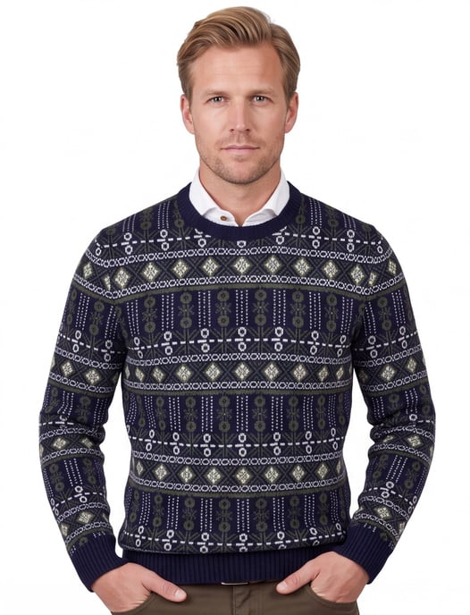 Barbour trui navy groen geprint Grangetown Fair Isle Crew wol - Image 1