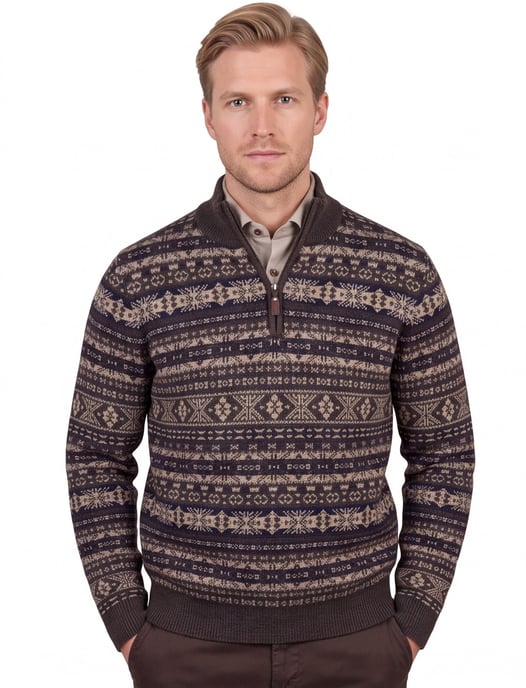 Fynch Hatton Half zip bruin patroon gebreid met print - Image 1
