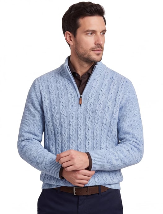 Fynch Hatton half zip kabeltrui wol lichtblauw - Image 1
