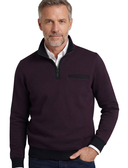 Casa Moda half zip trui premium cotton aubergine met borstzak - Image 1