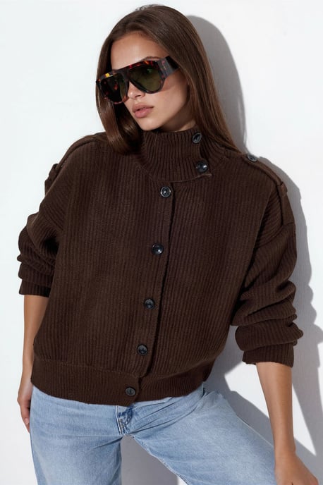 Geribbelde Halse Turtleneck Knopen Cardigan - Image 1