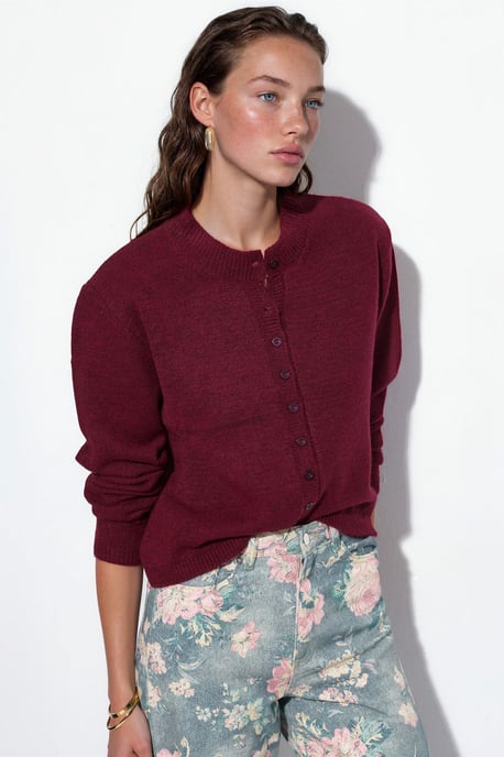 Geribbelde Crew Neck Knopen Cardigan - Image 1