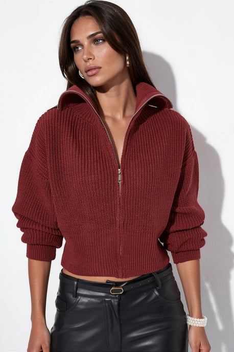 Dames Korte Geribbelde Rits Cardigan - Image 1