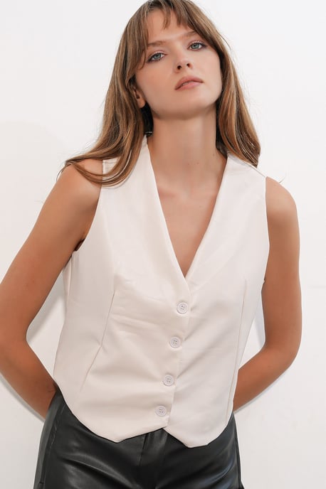 Faux leren V-hals knooploze cropped vest - Image 3