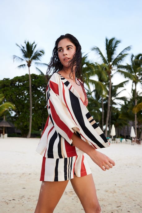 Oversized Katoenen Gestreepte Mini Kimono - Image 1