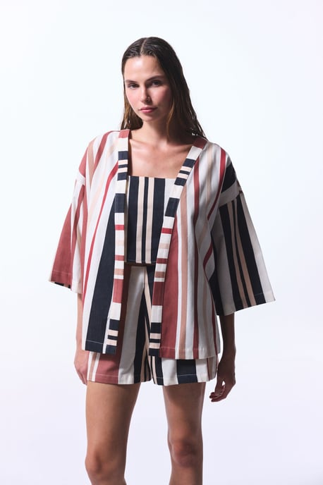 Oversized Katoenen Gestreepte Mini Kimono - Image 2
