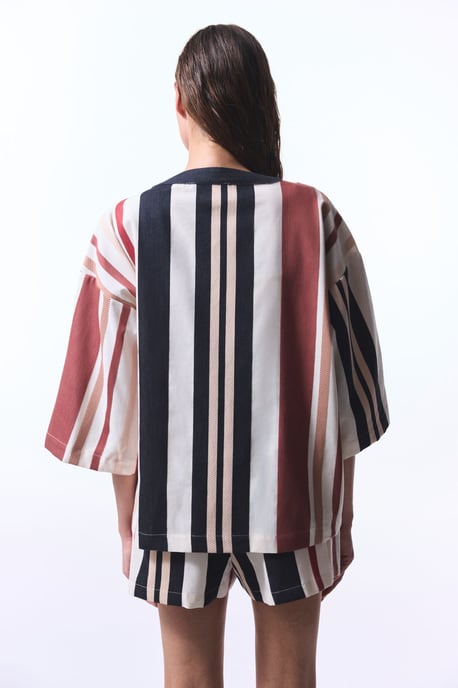 Oversized Katoenen Gestreepte Mini Kimono - Image 3