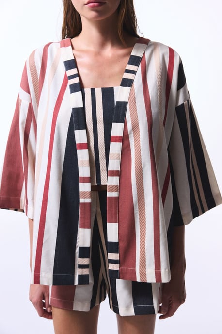 Oversized Katoenen Gestreepte Mini Kimono - Image 4