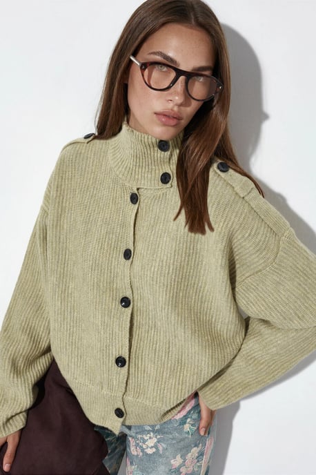 Geribbelde Halse Turtleneck Knopen Cardigan - Image 1