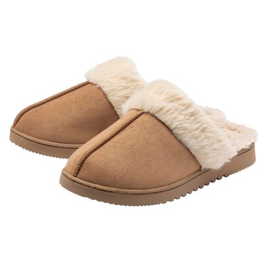 Dames Faux Fur Trim Mule Slippers Bruin Roze Beige Warm VK 3-8 - Image 1