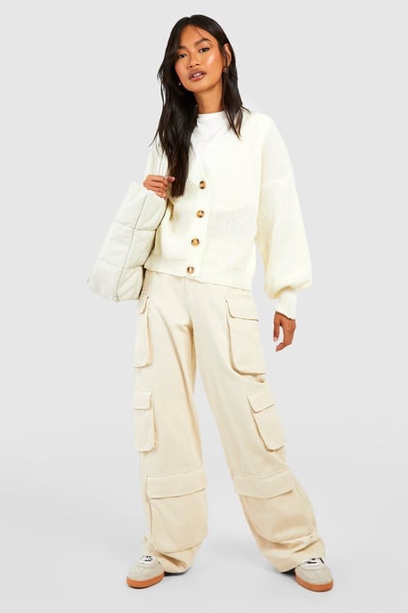 Balloon Sleeve Button Through Rib Cardigan - Image 3