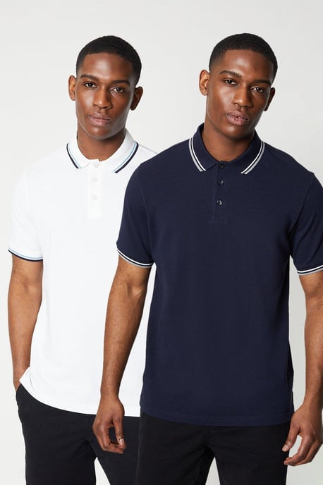 2 Pk Pure Cotton Tipped Polo Shirts White/navy - Image 1