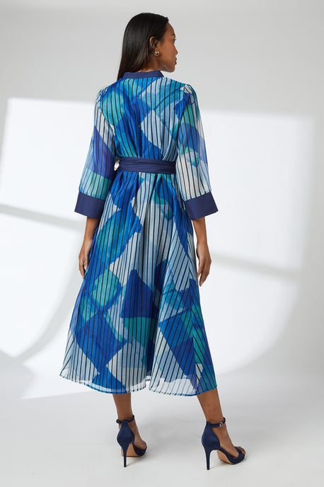 Blue Belted Contrast Detail Collarless Shirt Dress - Image 3