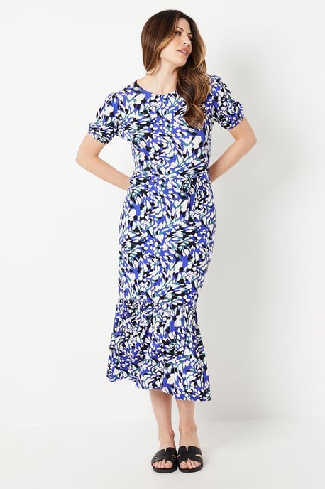 Blue Abstract Puff Sleeve Jersey Midi Dress - Image 1