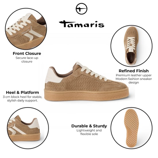 Tamaris Vrouwen Taupe Leren Sneakers met Witte Strepen - Image 2