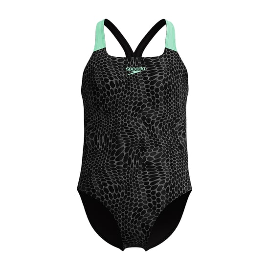 Speedo Meisjes Slangenprint Powerback Eenstuk Zwemoutfit (Zwart/Groen) - Image 1