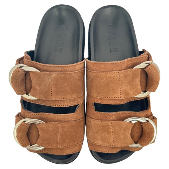 Ganni slippers met dubbele bandjes in bruin suède - Image 5