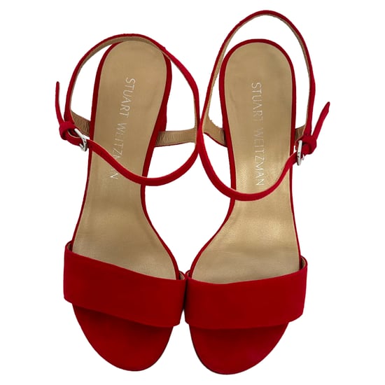 Stuart Weitzman sandalen met enkelbandje en hak in rood suède - Image 5
