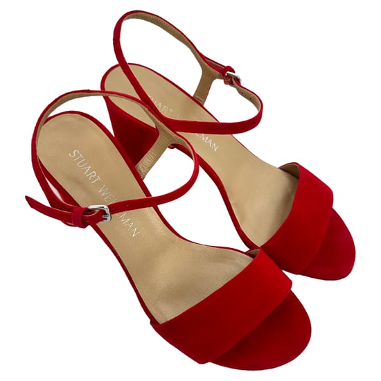 Stuart Weitzman sandalen met enkelbandje en hak in rood suède - Image 6